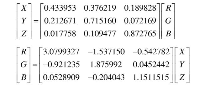 RGB颜色空间和CIEXYZ颜色空间互相转换式
